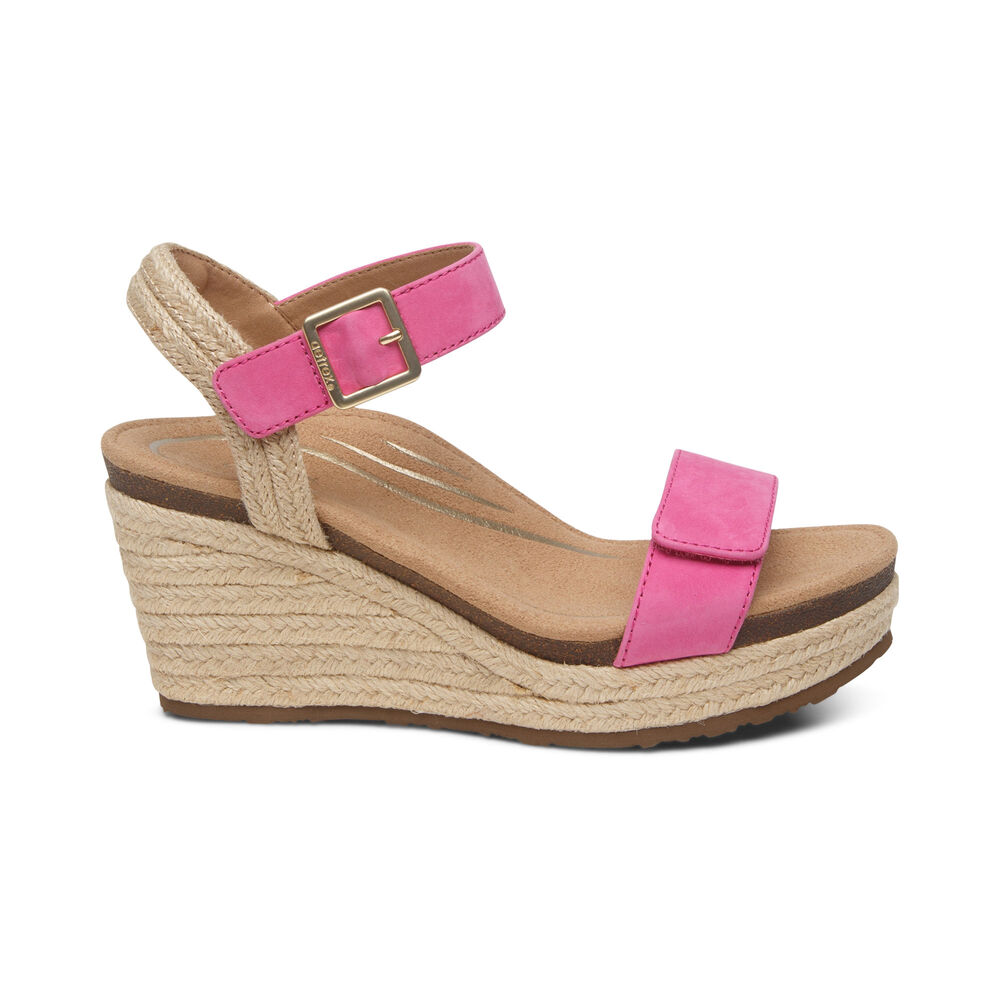 Aetrex Women's Sydney Quarter Strap Espadrille Wedge Sandals - Azalea | USA GXZU8AX